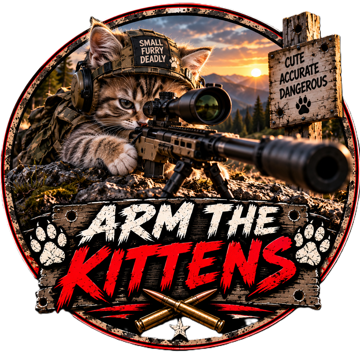 Arm the Kittens artwork featuring a kitten in tactical gear with a scoped rifle against a mountain sunset.